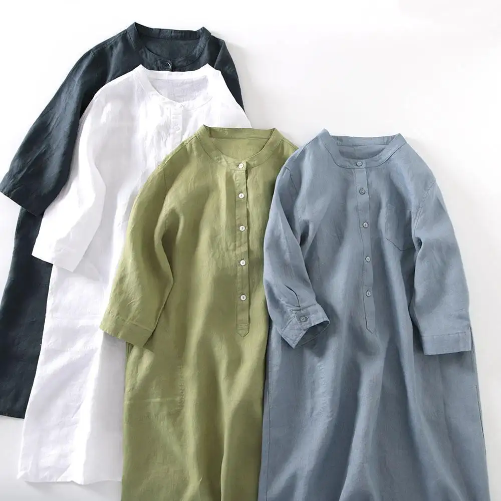 Vestido de lino de estilo japonés para mujer, Vestido camisero informal de Color sólido, suelto, de media manga, de algodón y lino, 2023