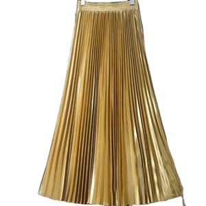 Falda Midi de Satén con Corte en A para Mujer, Cintura Alta Elástica con Perlas, Diseño Plisado Brillante y Elegante para Primavera - Product Image 5