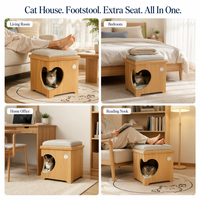 Repose-pieds/Siège carré multifonctionnel écologique et mignon en bois massif, partagé humain-animal, 2-en-1, avec niche dissimulée pour chat et chien, luxe moderne