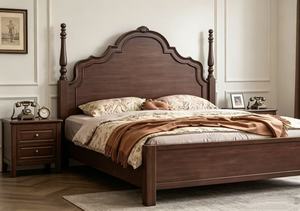 Premium Queen Size Solid Wood Spindle <b>Bed</b> With Carved Curved Headboard For Vintage Bedroom - Product Image 3