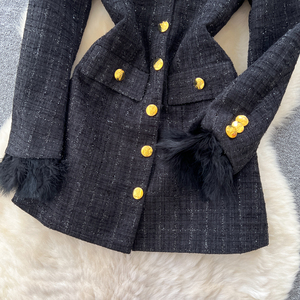 Robe de luxe en tweed femmes automne col cranté plume manches élégante robe de bureau pour <span class=keywords><strong>Style</strong></span> <span class=keywords><strong>Chic</strong></span> - Product Image 3