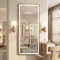 Miroir de salon moderne et durable en acier inoxydable avec cadre doré, éclairage LED écologique, portable, mural, pleine longueur pour salons de coiffure
