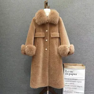 China factory supplier fake fur sheep shearing women's winter warm teddy long coat wool plush coat