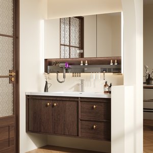 Meuble de salle de bain moderne avec vasque intégrée en céramique et tiroir en bois massif noyer - Product Image 2