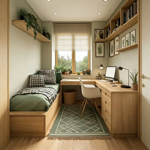 Armoire en bois moderne personnalisée BALOM avec bureau, meubles de chambre à coucher multifonctionnels avec étagères ouvertes, design gain de place, armoire - Product Image 4