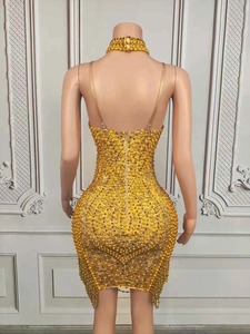 Abito da <span class=keywords><strong>Donna</strong></span> Sexy Scintillante di Lusso con Perle Dorate, Costume da Ballo, per Feste di Compleanno e Festival, con Strass, in Spandex/Poliestere - Product Image 2