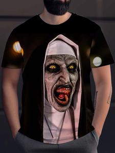 <span class=keywords><strong>T</strong></span>-<span class=keywords><strong>Shirt</strong></span> da Uomo in Maglia Larga Casual con Stampa Grafica 3D Digitale di Halloween, Suora e Film <span class=keywords><strong>Horror</strong></span>, Manica Corta, 100% Poliestere - Product Image 1