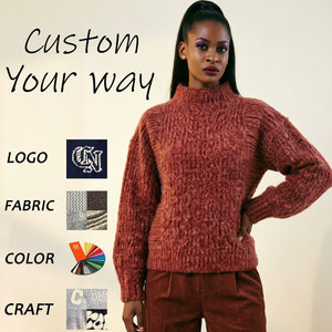 Suéter de Punto Grueso para Mujer, Cuello Alto, Manga Larga, Texturizado, Color Rojo Marrón, Jersey de Punto para Otoño e Invierno - Product Image 1