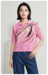 2026 Plus Size Friendly Miyake Pleated Abstract Print Lapel V Neck Short Sleeve <b>Top</b> Western Clothing Women Online - Product Image 6