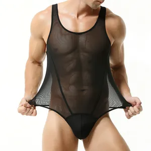 Men's thong one-piece mesh singlet