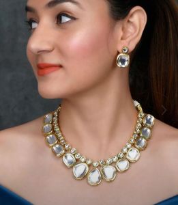 Moissanite Kundan collar traje combinación a juego color boda desgaste collar con pendientes - Product Image 2