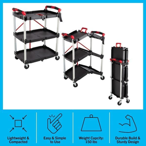 Chariot de service pliable portable - 3 niveaux, capacité de 150 lb - Chariot utilitaire à roulettes pliable avec roues pour entrepôt - Product Image 3