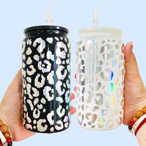Custom LogoElegant Shaped Drinking Glasses Leopard Cheetah Print 16oz <b>Beer</b> Glass Can with Colorful Plastic Lids - Product Image 4