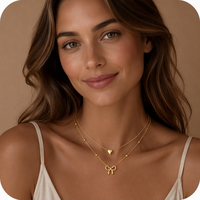 Collier double couche en forme de cœur et de papillon plaqué or pour femmes, bijoux pendentif tendance, cadeau