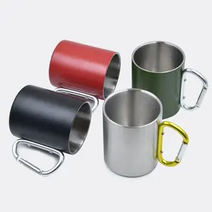 Mug Kopi Perjalanan Sublimasi Baja Tahan Karat dengan Pegangan Carabiner Mug Kemah Dinding Ganda untuk Perjalanan Luar Ruangan