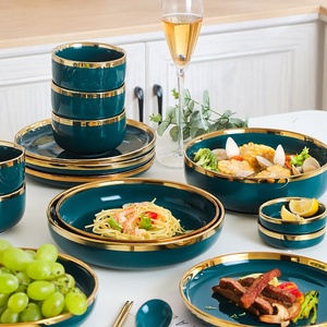 Service de table en céramique <span class=keywords><strong>vert</strong></span> émeraude de luxe avec bordure dorée, assiettes et bols en porcelaine royale européenne pour mariage, banquet, hôtel - Product Image 3