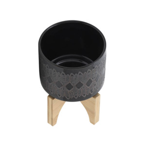 Vaso in ceramica moderno con supporto in bambù per uso interno ed esterno, vaso decorativo rotondo per piante - Product Image 4