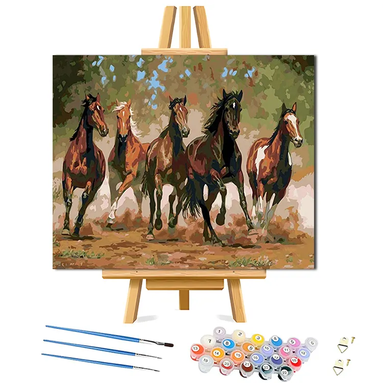 Nieuwkomers Volwassenen Kinderen Vijf Paarden Lopen 40X50Cm Verf Op Nummer Paard Olieverfschilderij