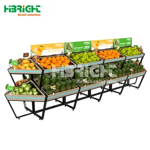 Easy Movement Inner Light Strip Fruit Display Stand Supermarket Wooden Vegetable Rack With Casters