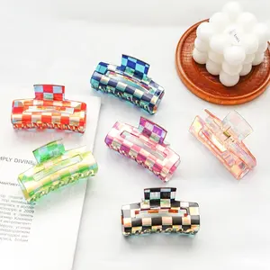 MIO New Colorful 7.5cm Length Hair Grab Checkerboard Acrylic Hair Clip Claw Hollow Rectangle Claw Clamp