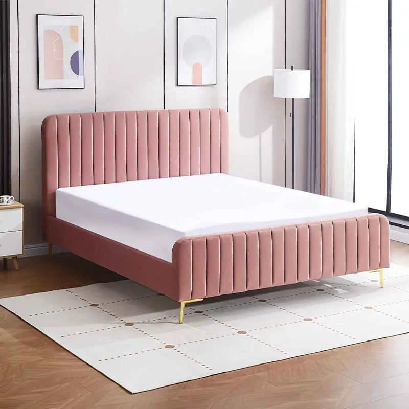 Estrutura de cama de luxo para meninas, plataforma de madeira minimalista japonesa, veludo rosa, ideal para cama king size, ideal para mulheres e meninas