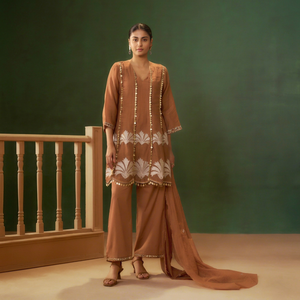 Rust Mul Chanderi Embroidered <b>Kurta</b> Palazzo Set With Dupatta <b>For</b> <b>Women</b> Ethnic Wear Available <b>for</b> Wholesale Purchase - Product Image 1