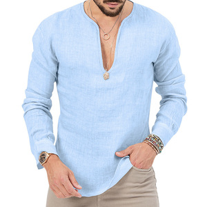 Camicia a maniche lunghe da <span class=keywords><strong>uomo</strong></span> in cotone e lino vintage, casual, tinta unita, vestibilità ampia, per primavera e autunno - Grande successo! - Product Image 6