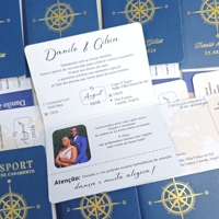 Kit d'invitation de mariage personnalisé sur le thème du voyage : invitation en forme de passeport, boussole, carte d'embarquement et billet d'avion avec dorure à chaud