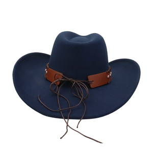 Grosir baru topi koboi Felt Barat kasual pesta topi anak sapi Fedora untuk pria dengan pita kepala sapi logam coklat yang dapat dilepas - Product Image 4