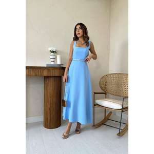 Robe de soirée longue en satin bleu ciel en gros, robe de bal, ceinture, taille empire crochetée, style de fête, taille XS, longueur au sol, bal de promo - Product Image 5