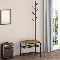 Porte-manteau en bois sur mesure en gros, support d'entrée portable en forme d'arbre avec banc de rangement pour chaussures