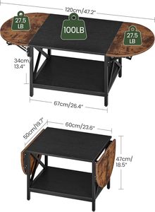 Bàn cà phê gấp 2 tầng có thể mở rộng cổ điển với kệ lưu trữ 2 lá thả để sử dụng tại nhà hoặc văn phòng - Product Image 3