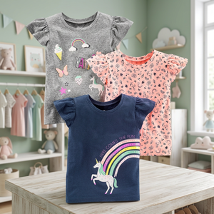 Lot de 3 T-shirts à manches courtes pour filles, en velours côtelé de coton biologique 200 g/m², avec appliques, col personnalisable et impression sérigraphiée sur la poitrine, écologiques - Product Image 3