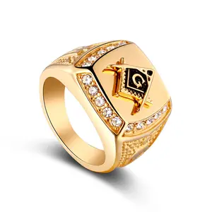 Alloy Gold Diamond Masonic Sign Ring Men's Ring Hip Hop Fashion Brand Jewelry Wholesale Environmental Protection