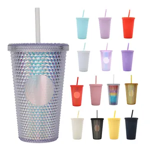 Wholesale Food Grade Plastic Cup Diamond Studded Colorful Travel Coffee Mug 16oz studded tumbler