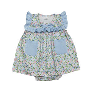 Ropa de Verano para Bebés Niñas, Bonito Mono de Manga Corta con Estampado Animal, Bolsillo, Verde, Algodón y Spandex, Cierre de Botones - Product Image 1