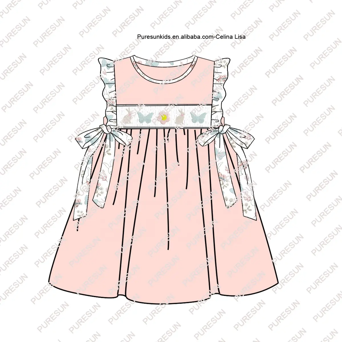 PURESUN customized boutique Easter smocked children clothing sleeves ruffle baby girl cotton dress with bunny flower embroidery
