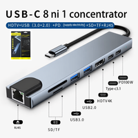 Hub USB-C 8 en 1, adaptateur multiport, sortie HDTV 4K, Ethernet Gigabit, 100W PD, lecteur de carte pour ordinateur portable, tablette, téléphone