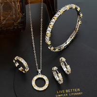 Parure de bijoux de luxe en argent plaqué bicolore avec cercle en zircon cubique, comprenant collier, bracelet, bague et boucles d'oreilles pour femme, style Ins, ensembles de bijoux tendance