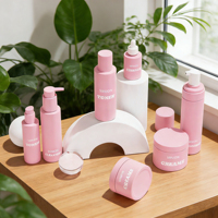 Ensemble d'emballages cosmétiques de luxe pour soins de la peau avec pompe à lotion, flacon de lotion cosmétique en plastique PET brun rose vide et ensemble de pots à crème