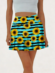 Jupe courte évasée décontractée pour femme, taille haute, imprimé tournesol rayé turquoise et noir, style skater, coupe trapèze, idéale pour l'été - Product Image 5