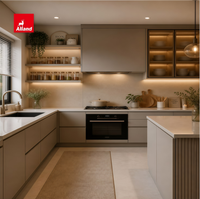Armoires de cuisine modernes haut de gamme Alland, en contreplaqué, finition laquée, armoires de cuisine personnalisées, éclairage LED intégré aux armoires murales pour la maison