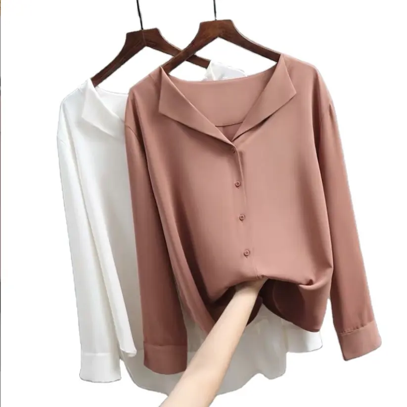 Blusa de chiffon feminina para outono, camisa casual de chiffon com manga longa e decote em v, camisa solta para escritório, blusa branca para moças, 2022