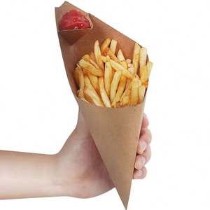 Caja de Embalaje de Papel Kraft Antigrasa para Papas Fritas en Forma de Cono, con Espacio para Condimentos, Personalizable al por Mayor - Product Image 1
