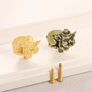Chinese <strong>Style</strong> Lucky Pig Brass Door Handles Zodiac Pig Cabinet Pulls and Hooks - Product Image 1