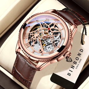 Binbond Automatic Mechanical Watch Rose Gold Skeleton Men's Watch 30M Waterproof Genuine Leather Strap - Product Image 1