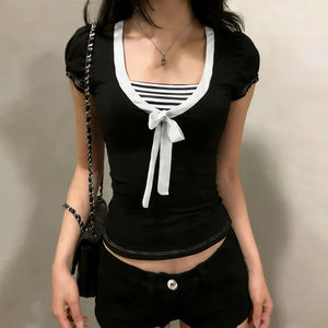 Camiseta de manga corta transpirable con lazo frontal estilo dulce y femenino para mujer, cuello cuadrado, contraste de color, tejido elástico, ecológica - Product Image 1