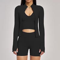 Ensemble de yoga sans couture 3 pièces : soutien-gorge de sport, short taille haute à col en V, veste à manches longues – Tenue de sport ultra-élastique pour l'entraînement, la course et le fitness