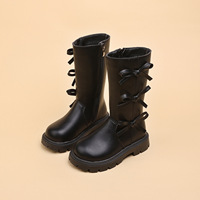 Süße Kinderstiefel in mittlerer Wadenlänge mit Schleifen, seitlichem Reißverschluss, schwarz-braun, Kunststoffsohle, Fleece gefüttert, für Mädchen, Herbst-Winter-Stiefel, ODM OEM