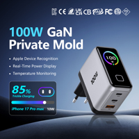 Chargeur rapide GaN 100W avec affichage numérique intelligent, adaptateur secteur USB Type C 3 ports, chargeur mural portable OEM/ODM pour voyage